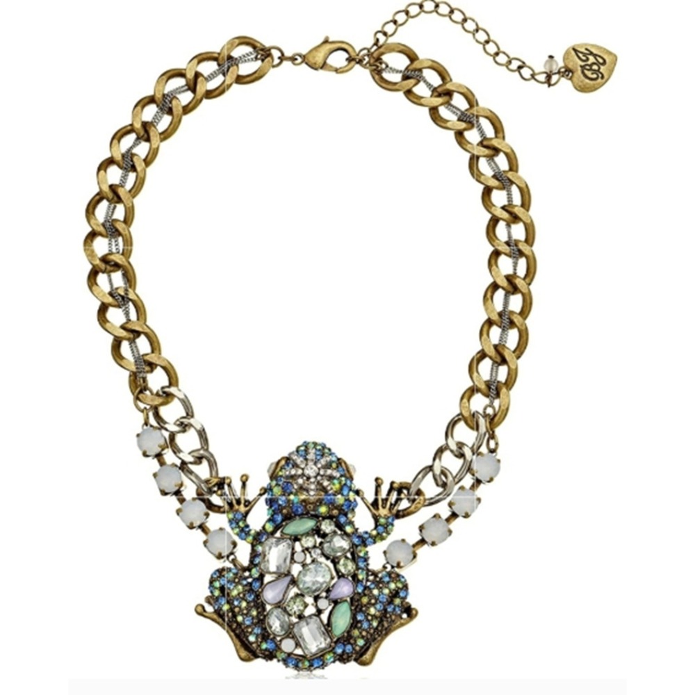Betsy Johnson Rare Crystal Reptile 'Frog Prince' Statement Necklace Multi Greens